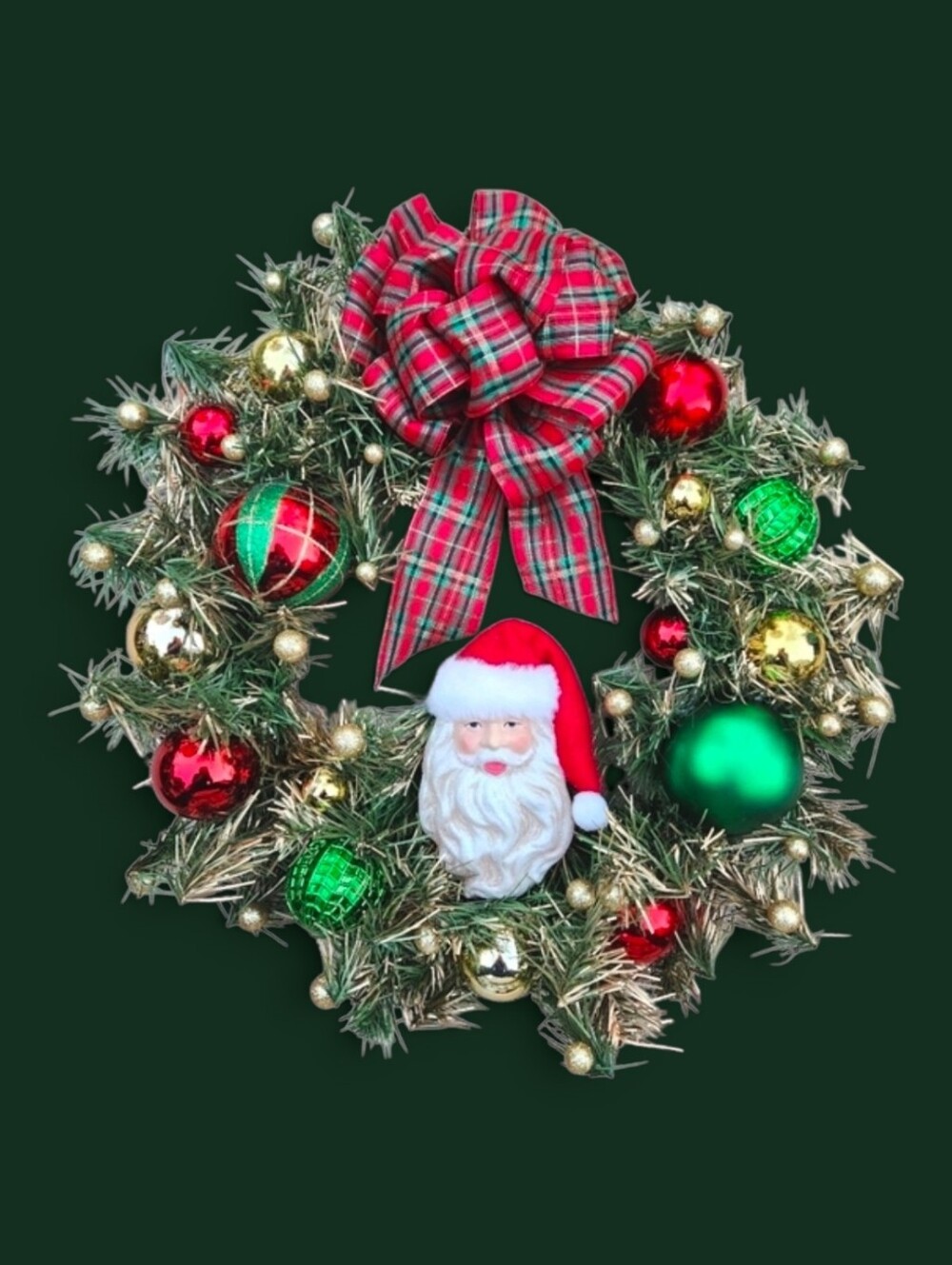 Santa Claus Red Gold & Green Festive Plaid Christmas Wreath - Picture 9 of 9